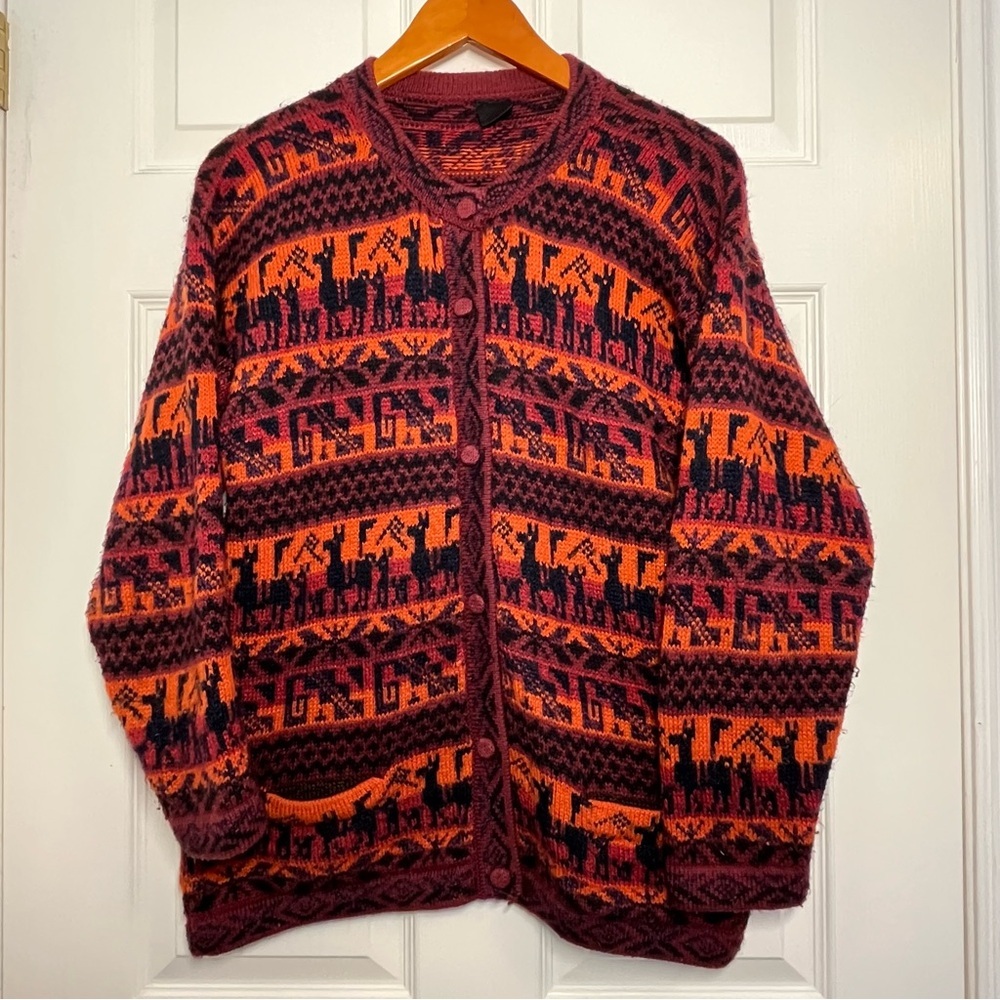 Women's Orange and Dark Red Alpaca Patterned Cardigan